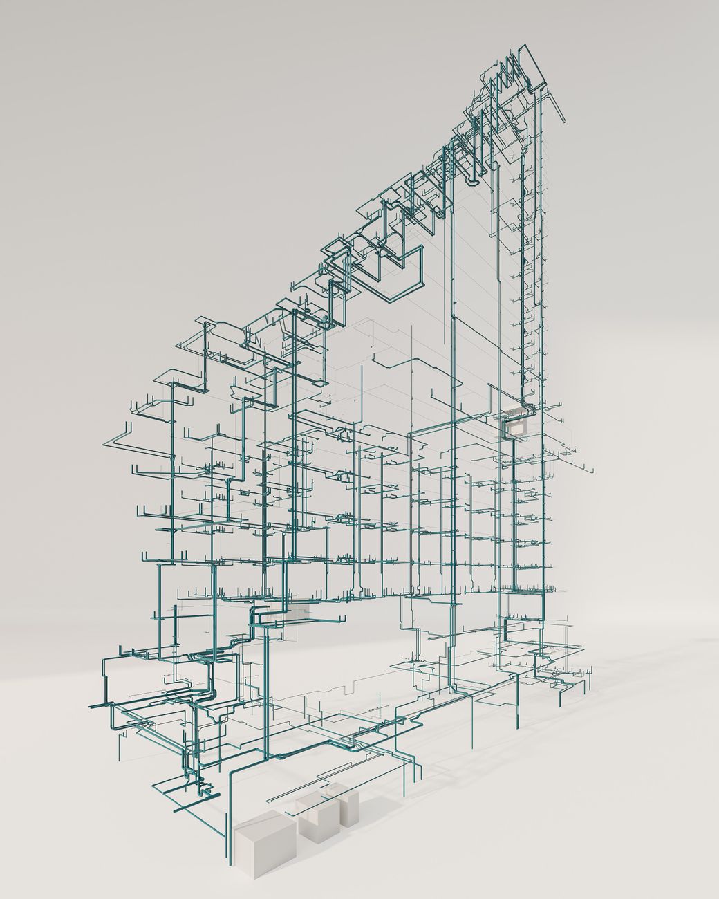 Intricate 3D rendering of a building's structural and MEP systems.